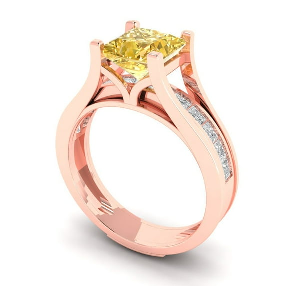 2.28 ct Brilliant Princess Cut Natural Citrine 14k Rose Gold Solitaire with Accents Engagement Bridal Wedding Ring Band Set size 6.25
