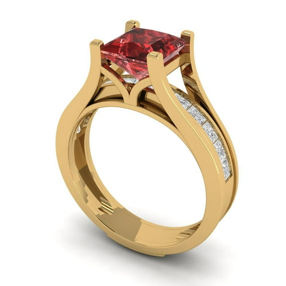 2.28 ct Brilliant Princess Cut Natural Garnet 14k Yellow Gold Solitaire with Accents Engagement Bridal Wedding Ring Band Set size 8.5