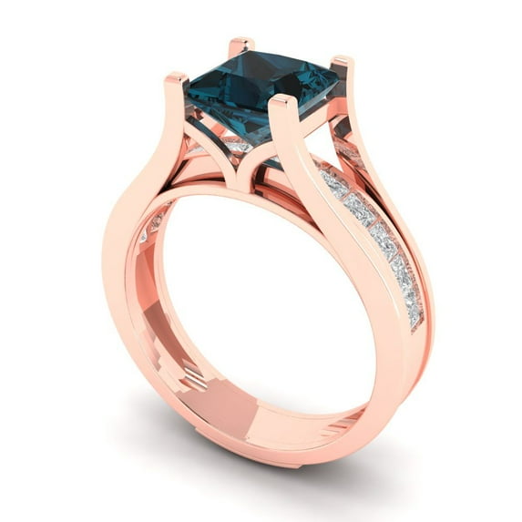 2.28 ct Brilliant Princess Cut Natural London Blue Topaz 14k Rose Gold Solitaire with Accents Engagement Bridal Wedding Ring Band Set size 7.5