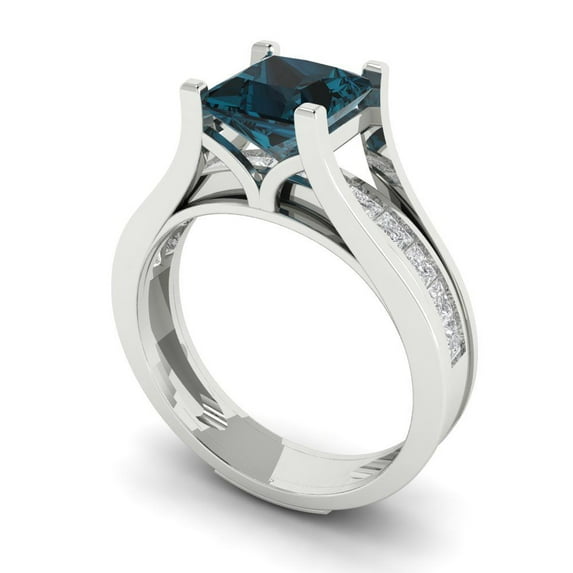 2.28 ct Brilliant Princess Cut Natural London Blue Topaz 14k White Gold Solitaire with Accents Engagement Bridal Wedding Ring Band Set size 4.75