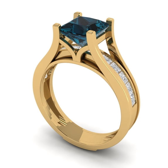 2.28 ct Brilliant Princess Cut Natural London Blue Topaz 14k Yellow Gold Solitaire with Accents Engagement Bridal Wedding Ring Band Set size 8.75