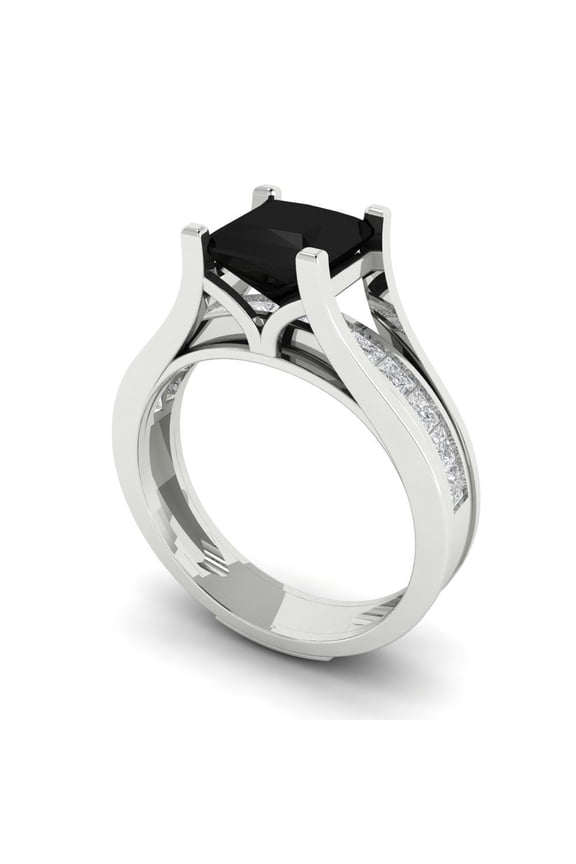 2.28 ct Brilliant Princess Cut Natural Onyx 14k White Gold Solitaire with Accents Engagement Bridal Wedding Ring Band Set size 8.5