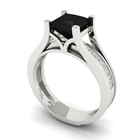 2.28 ct Brilliant Princess Cut Natural Onyx 18K White Gold Solitaire with Accents Engagement Bridal Wedding Ring Band Set size 3.5