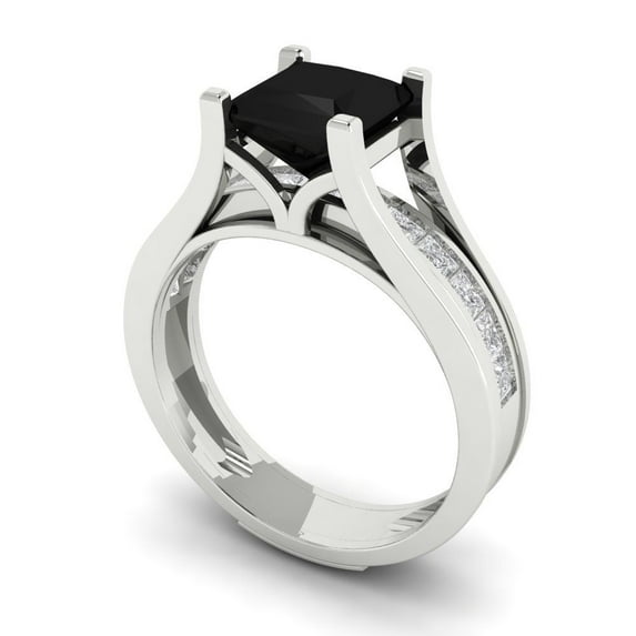 2.28 ct Brilliant Princess Cut Natural Onyx 18K White Gold Solitaire with Accents Engagement Bridal Wedding Ring Band Set size 4.75