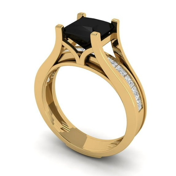2.28 ct Brilliant Princess Cut Natural Onyx 18K Yellow Gold Solitaire with Accents Engagement Bridal Wedding Ring Band Set size 8.75