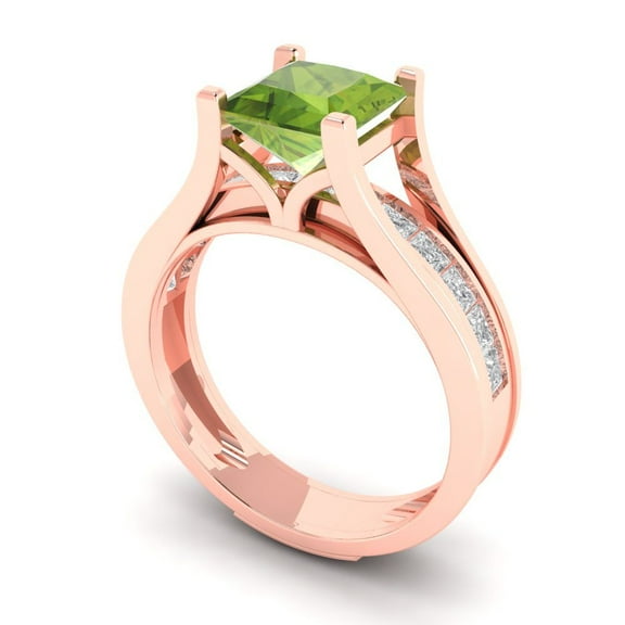 2.28 ct Brilliant Princess Cut Natural Peridot 14k Rose Gold Solitaire with Accents Engagement Bridal Wedding Ring Band Set size 6.25
