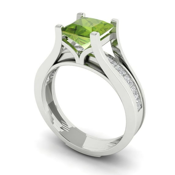 2.28 ct Brilliant Princess Cut Natural Peridot 14k White Gold Solitaire with Accents Engagement Bridal Wedding Ring Band Set size 5.25