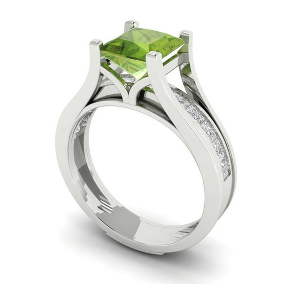 2.28 ct Brilliant Princess Cut Natural Peridot 14k White Gold Solitaire with Accents Engagement Bridal Wedding Ring Band Set size 6.25