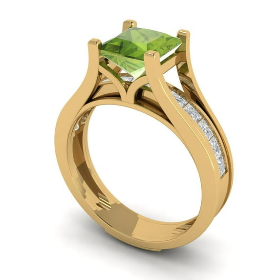 2.28 ct Brilliant Princess Cut Natural Peridot 14k Yellow Gold Solitaire with Accents Engagement Bridal Wedding Ring Band Set size 8