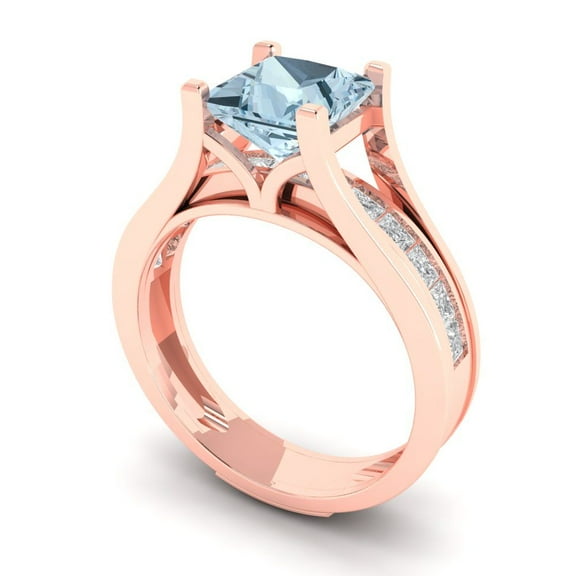 2.28 ct Brilliant Princess Cut Natural Sky Blue Topaz 18K Rose Gold Solitaire with Accents Engagement Bridal Wedding Ring Band Set size 6