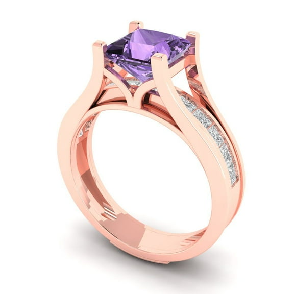 2.28 ct Brilliant Princess Cut Alexandrite 14k Rose Gold Solitaire with Accents Engagement Bridal Wedding Ring Band Set size 10