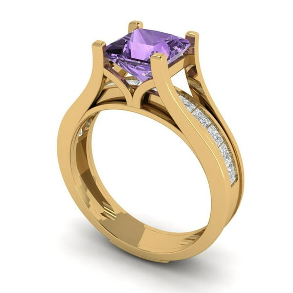2.28 ct Brilliant Princess Cut Alexandrite 14k Yellow Gold Solitaire with Accents Engagement Bridal Wedding Ring Band Set size 8