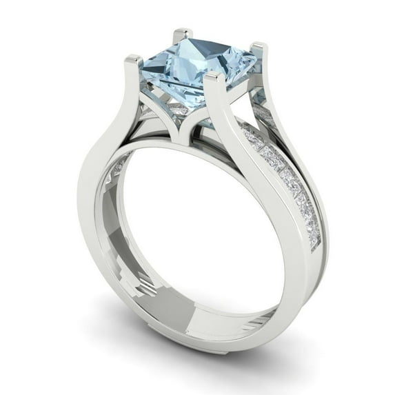 2.28 ct Brilliant Princess Cut Blue Zircon 18K White Gold Solitaire with Accents Engagement Bridal Wedding Ring Band Set size 8.25