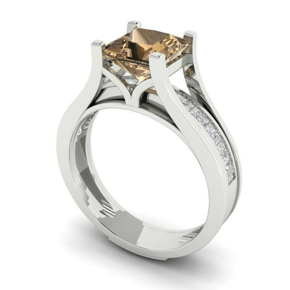 2.28 ct Brilliant Princess Cut Champagne 14k White Gold Solitaire with Accents Engagement Bridal Wedding Ring Band Set size 4.5
