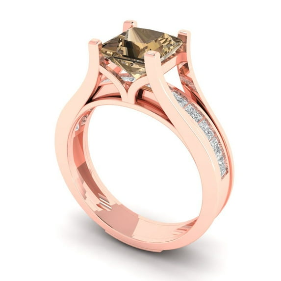 2.28 ct Brilliant Princess Cut Champagne 18K Rose Gold Solitaire with Accents Engagement Bridal Wedding Ring Band Set size 9.75