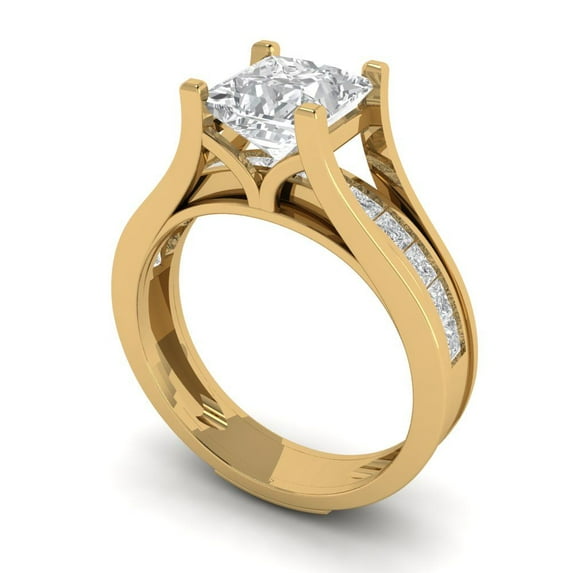 2.28 ct Brilliant Princess Cut Zircon 18K Yellow Gold Solitaire with Accents Engagement Bridal Wedding Ring Band Set size 9.25
