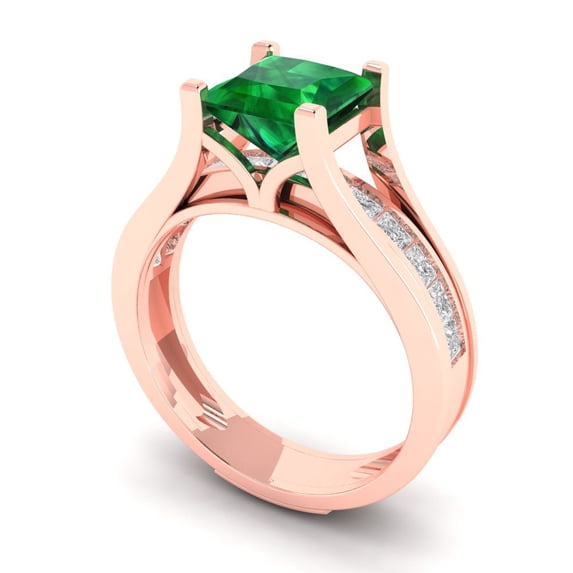 2.28 ct Brilliant Princess Cut Emerald 14k Rose Gold Solitaire with Accents Engagement Bridal Wedding Ring Band Set size 4