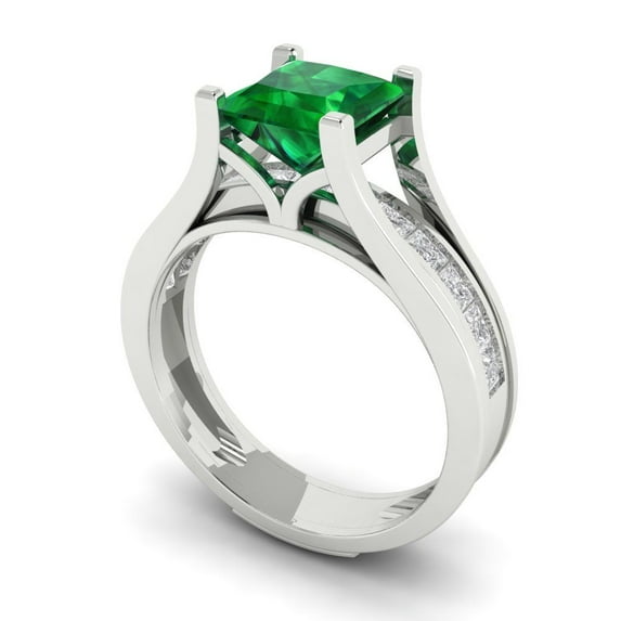 2.28 ct Brilliant Princess Cut Emerald 14k White Gold Solitaire with Accents Engagement Bridal Wedding Ring Band Set size 5