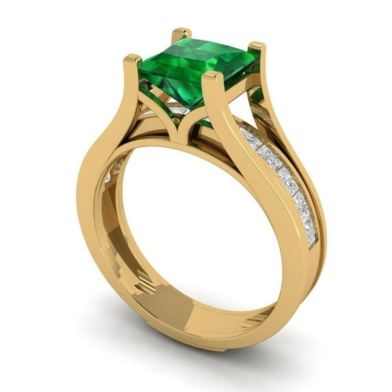 2.28 ct Brilliant Princess Cut Emerald 18K Yellow Gold Solitaire with Accents Engagement Bridal Wedding Ring Band Set size 4.75