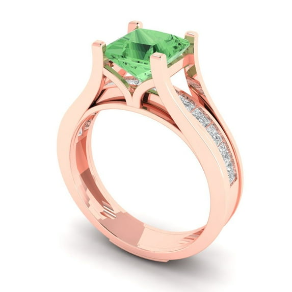 2.28 ct Brilliant Princess Cut Green Zircon 14k Rose Gold Solitaire with Accents Engagement Bridal Wedding Ring Band Set size 7.5