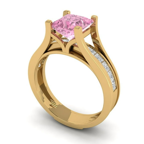 2.28 ct Brilliant Princess Cut Pink Zircon 14k Yellow Gold Solitaire with Accents Engagement Bridal Wedding Ring Band Set size 8.25
