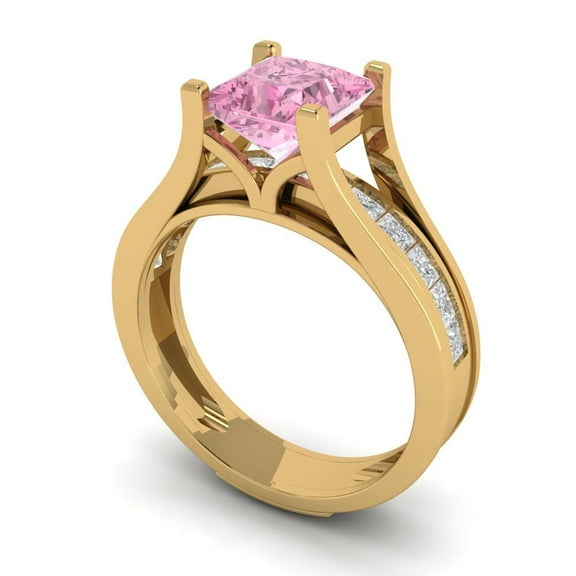 2.28 ct Brilliant Princess Cut Pink Zircon 18K Yellow Gold Solitaire with Accents Engagement Bridal Wedding Ring Band Set size 3.5
