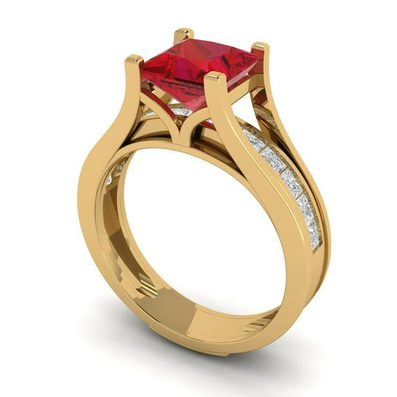 2.28 ct Brilliant Princess Cut Pink Tourmaline 18K Yellow Gold Solitaire with Accents Engagement Bridal Wedding Ring Band Set size 4.75