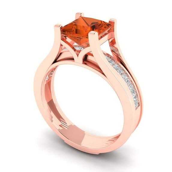 2.28 ct Brilliant Princess Cut Red Zircon 18K Rose Gold Solitaire with Accents Engagement Bridal Wedding Ring Band Set size 4