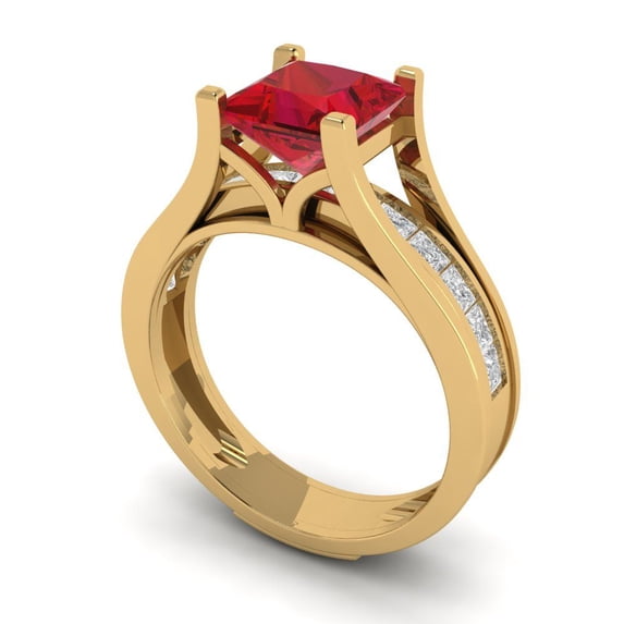 2.28 ct Brilliant Princess Cut Ruby 14k Yellow Gold Solitaire with Accents Engagement Bridal Wedding Ring Band Set size 6.5