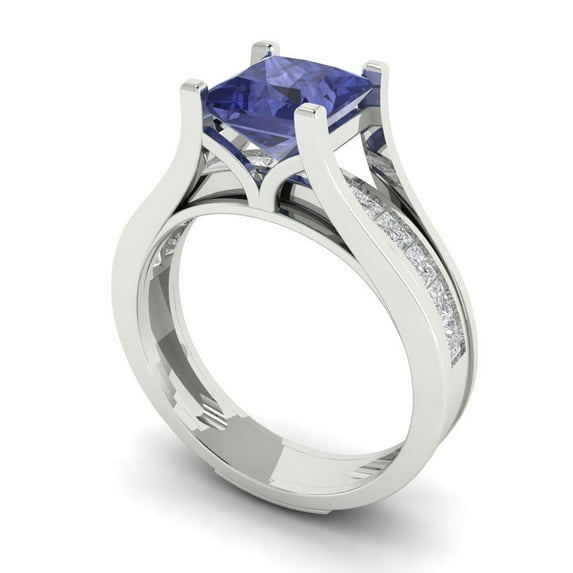 2.28 ct Brilliant Princess Cut Tanzanite 14k White Gold Solitaire with Accents Engagement Bridal Wedding Ring Band Set size 9.25