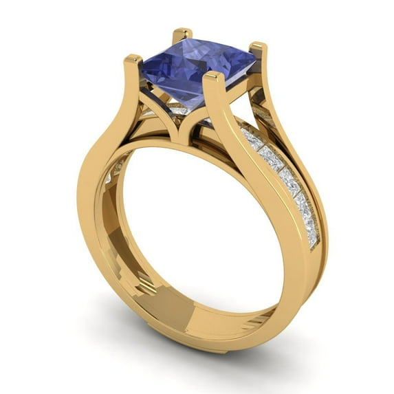 2.28 ct Brilliant Princess Cut Tanzanite 14k Yellow Gold Solitaire with Accents Engagement Bridal Wedding Ring Band Set size 4.25
