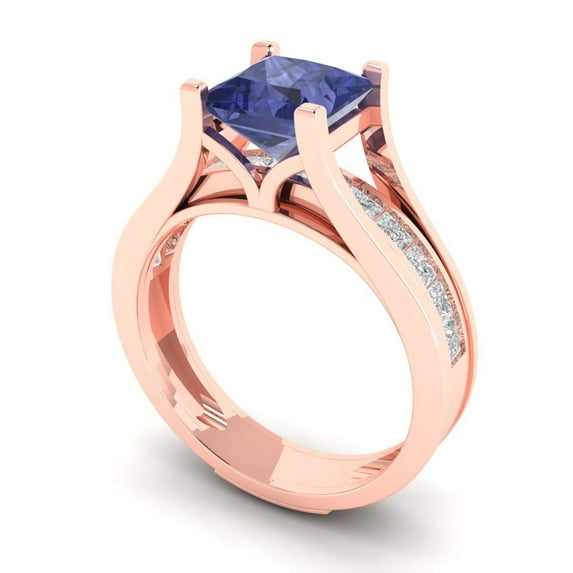2.28 ct Brilliant Princess Cut Tanzanite 18K Rose Gold Solitaire with Accents Engagement Bridal Wedding Ring Band Set size 5.5