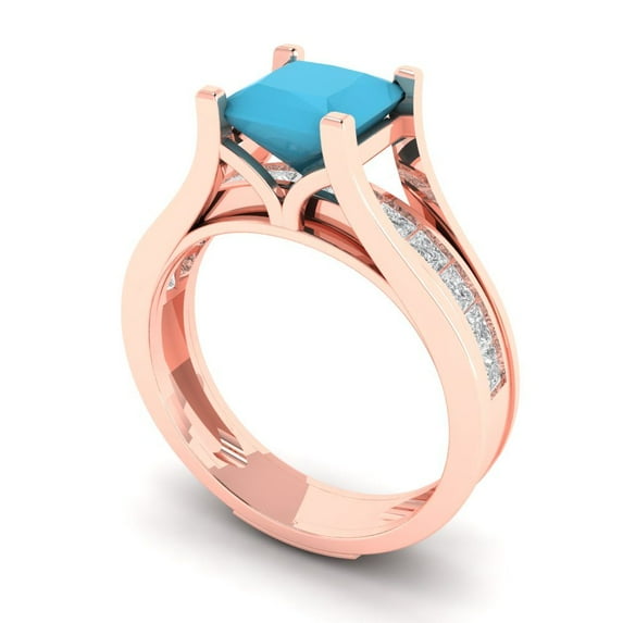 2.28 ct Brilliant Princess Cut Turquoise 14k Rose Gold Solitaire with Accents Engagement Bridal Wedding Ring Band Set size 10.75