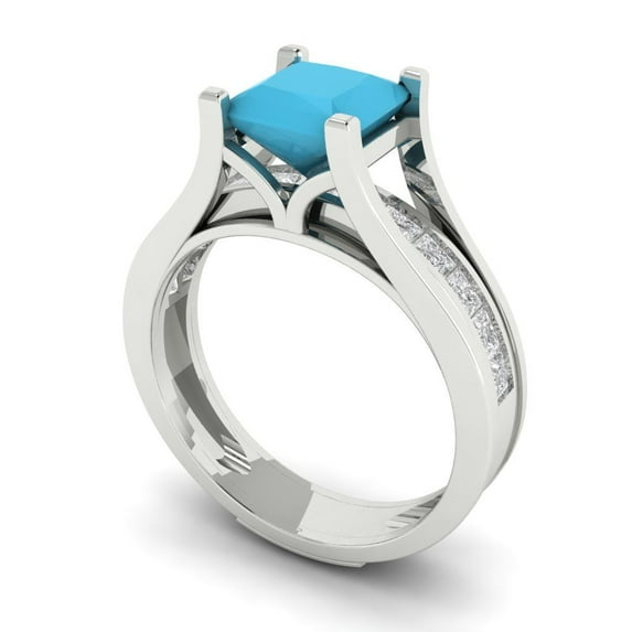 2.28 ct Brilliant Princess Cut Turquoise 14k White Gold Solitaire with Accents Engagement Bridal Wedding Ring Band Set size 10