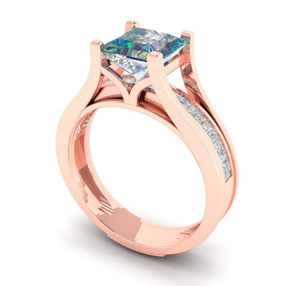 2.28 ct Brilliant Princess Cut Blue Moissanite 18K Rose Gold Solitaire with Accents Engagement Bridal Wedding Ring Band Set size 8.5