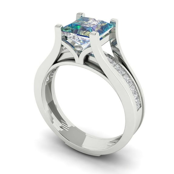 2.28 ct Brilliant Princess Cut Blue Moissanite 18K White Gold Solitaire with Accents Engagement Bridal Wedding Ring Band Set size 8