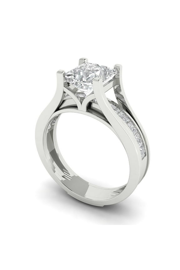 2.28 ct Brilliant Princess Cut White Sapphire 18K White Gold Solitaire with Accents Engagement Bridal Wedding Ring Band Set size 3.5