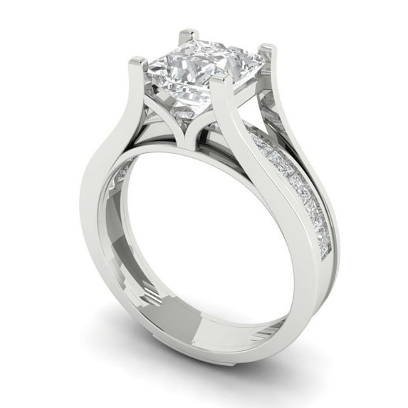 2.28 ct Brilliant Princess Cut White Sapphire 18K White Gold Solitaire with Accents Engagement Bridal Wedding Ring Band Set size 4.75