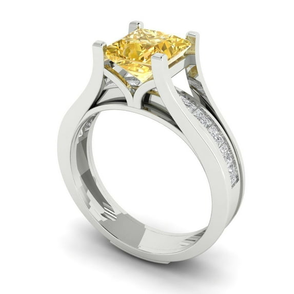 2.28 ct Brilliant Princess Cut Yellow Moissanite 18K White Gold Solitaire with Accents Engagement Bridal Wedding Ring Band Set size 4.5
