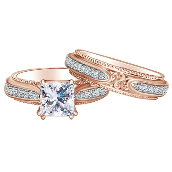 AFFY 2.29 Carat Princess Cut Moissanite & Natural Diamond Bridal Set Ring 14K Solid Rose Gold Ring Size-5