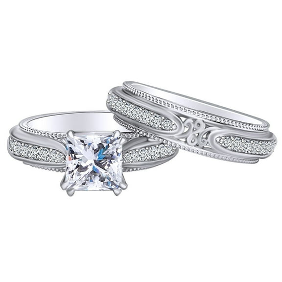 AFFY 2.29 Carat Princess Cut Moissanite & Natural Diamond Bridal Set Ring 14K Solid White Gold Ring Size-5