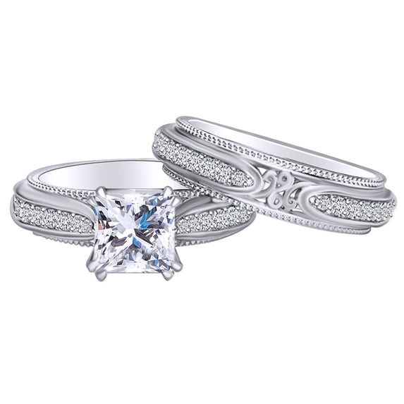 AFFY 2.29 Carat Princess Cut Moissanite & Natural Diamond Bridal Set Ring 14K Solid White Gold Ring Size-9