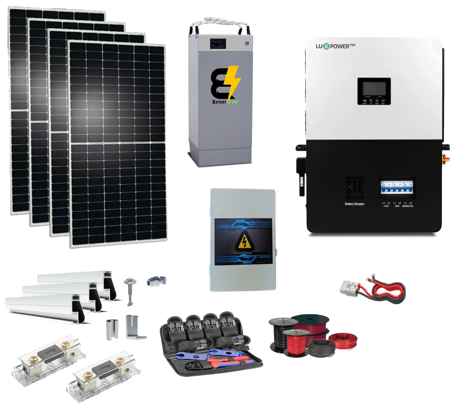 2.2KW Offgrid Solar Kit + 6KW LuxPower Split Phase 110/220V Inverter + 5.3KW 48V Lithium Battery Bank with Wiring