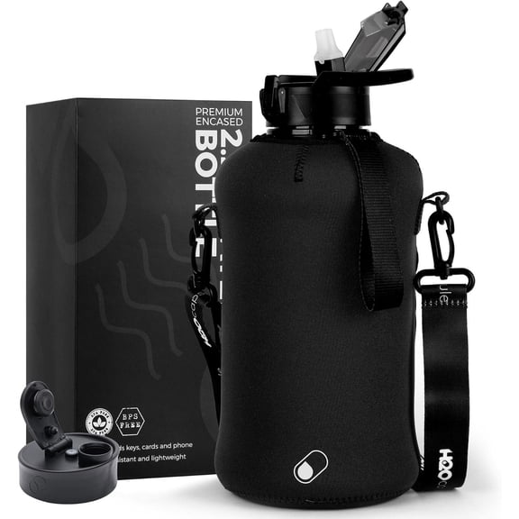 2.2L Half Gallon Water Bottle with Storage Sleeve and Covered Straw Lid - Large Drink Container with Handle - Big Jug, 2.2 Liter (74 Ounce)