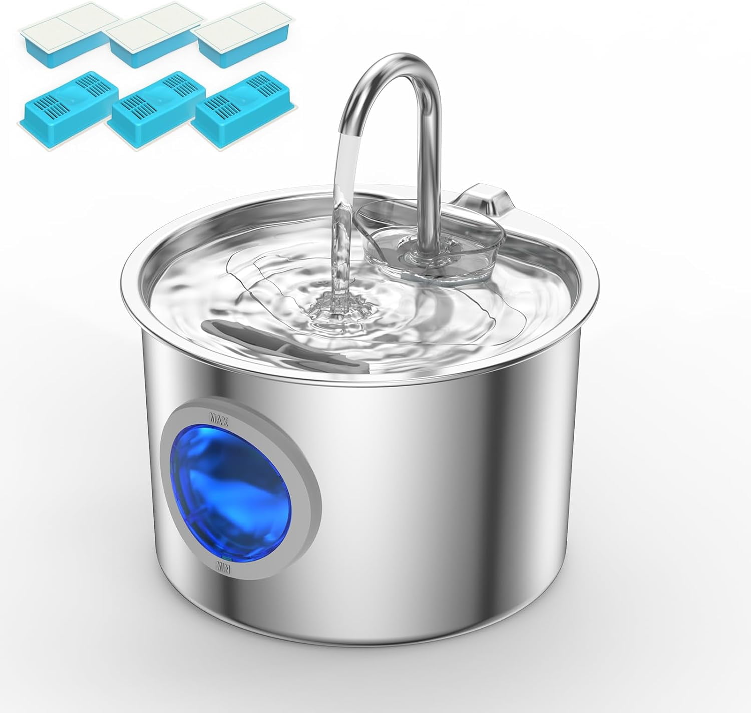 2.2L Stainless Steel Cat Fountain Ultra-Quiet (Under 25dB) & LED Water Level Window, 3-Stage Filtered Flowing Water for Cats, Easy-Clean, Perfect for Indoor Cats,(74oz Cat Fountain + 6 Filters)