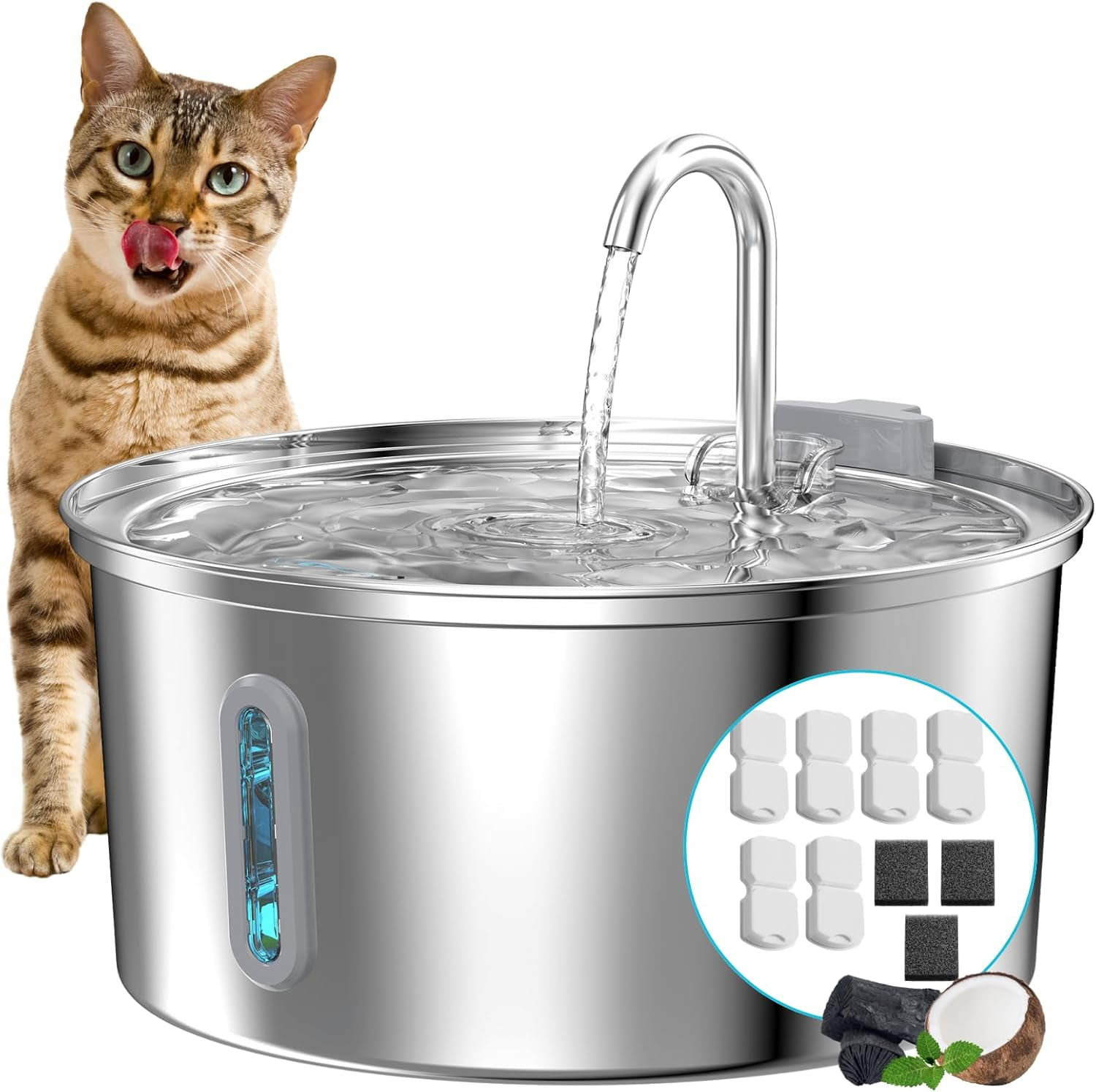 2.2L Stainless Steel Cat Water Fountain with Ultra Quiet Pump, Automatic Pet Drinking Fountain with Water Level Window and Faucet