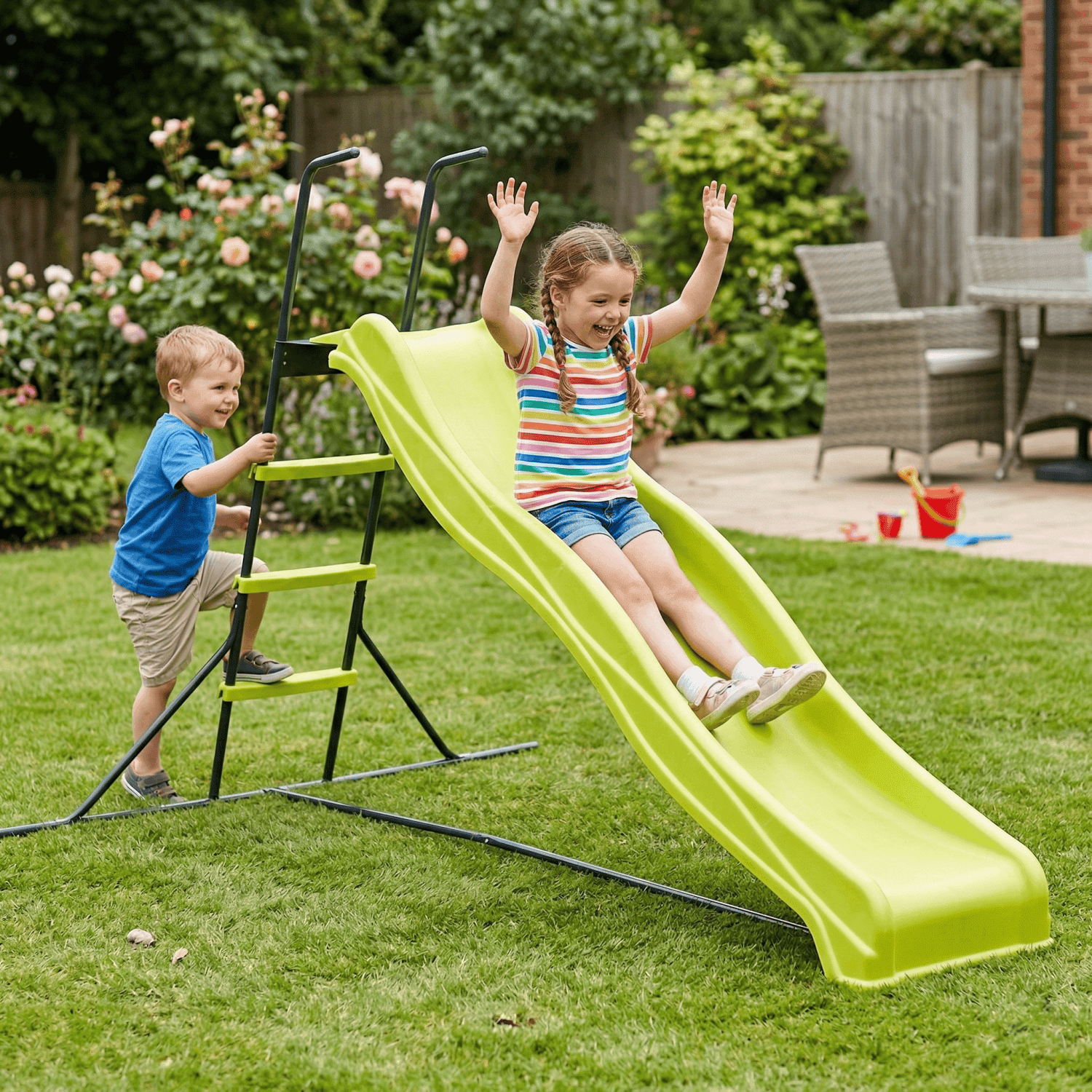 2.2M Freestanding Kids Plastic Slide, Indoor Outdoor Playground Equipment, Safe Freestanding Children Slide for Home Backyard, Green