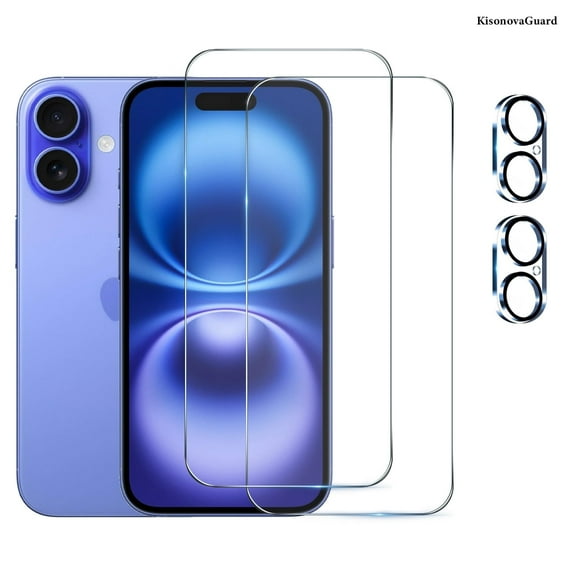 [2+2Pack] KisonovaGuard For iPhone 16 Plus Screen Protector with Camera Lens Protector,Sensor Protection,Dynamic Island Compatible,Case Friendly Tempered Glass Film[9H Hardness]designed for 16 Plus