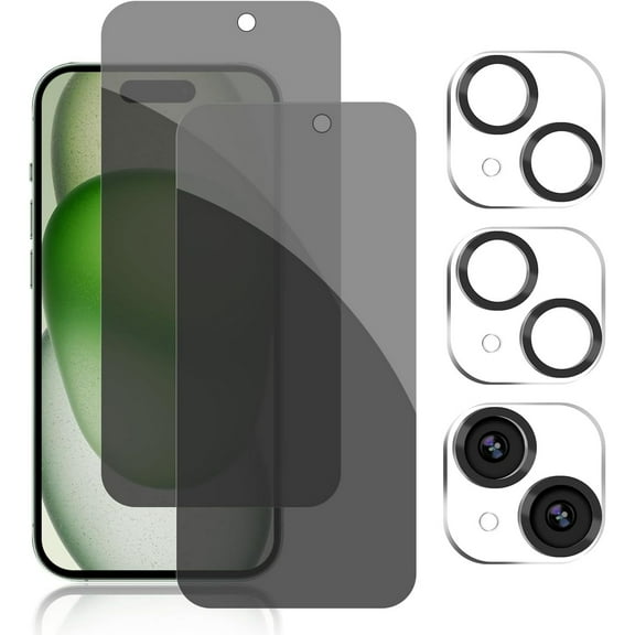 [2+2Pack] Privacy Screen Protector for iPhone 15/15 Plus/15 Pro/15 Pro Max with Camera Lens Protector Full Coverage Anti-Spy 9H Tempered Glass, Easy Installation Bubble Free