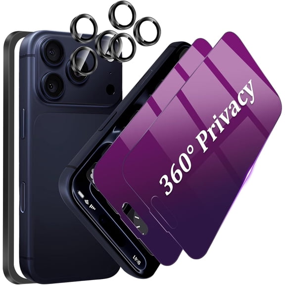 for [2+2Pack] for iPhone 17 Pro 360 Degree Purple Privacy Screen Protector with Camera Protector, 4-Way Anti-Spy Tempered Glass Film with Metal HD Lens Protector, Anti-Scratch Easy Installation